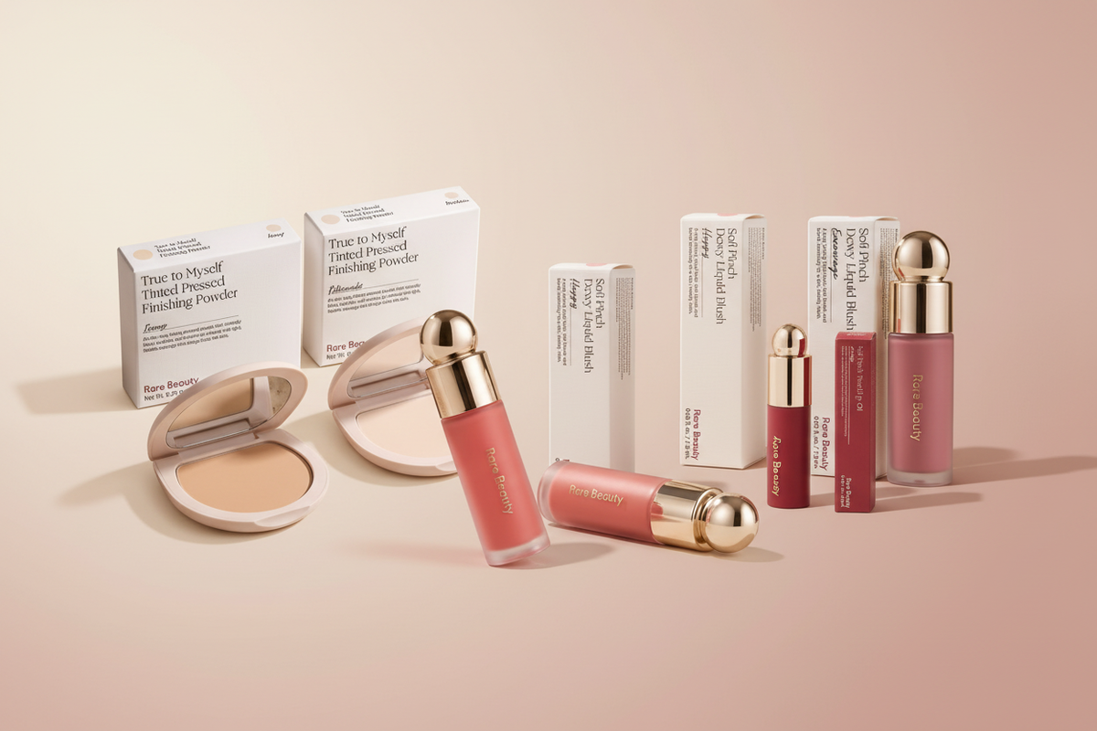 Rare Beauty Glow Vault trio arranged in a premium beauty editorial composition