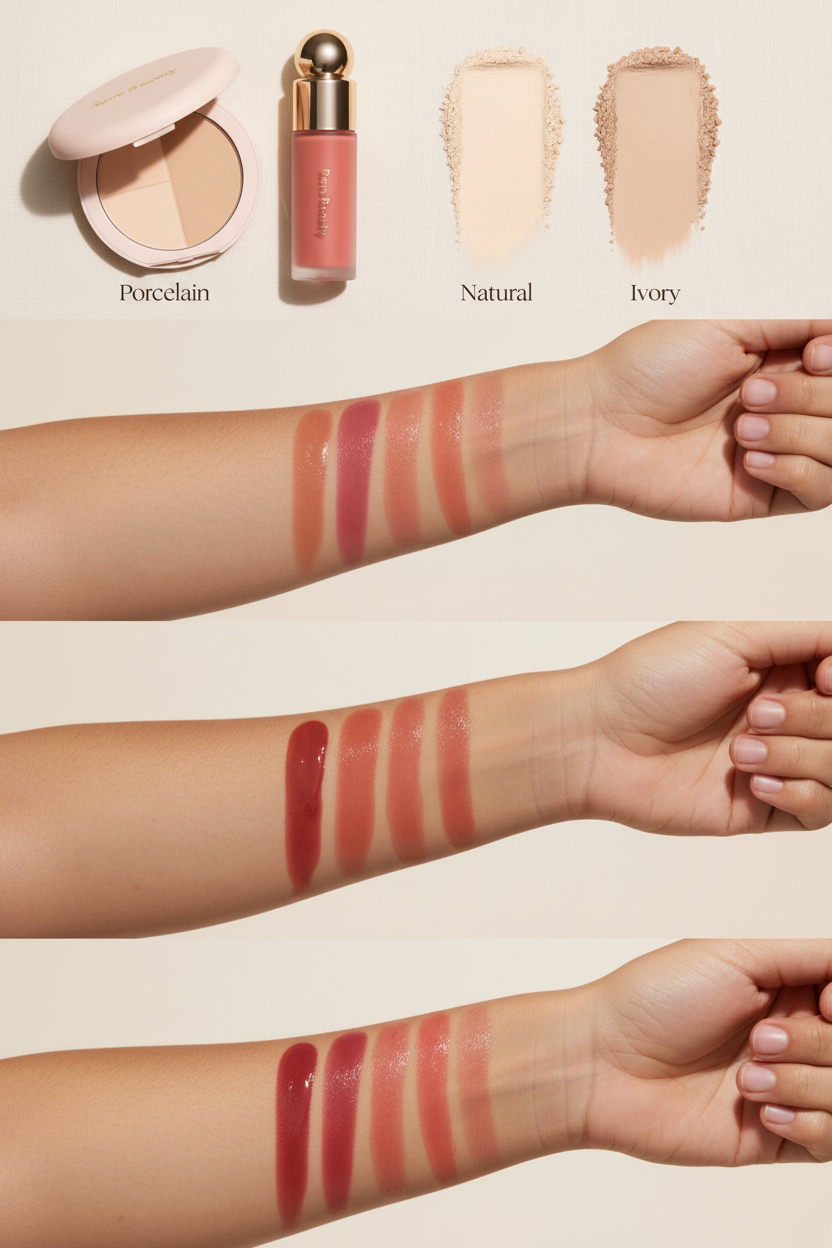 Rare Beauty Glow Vault with three powder shades, six liquid blush shades, and five tinted lip oil shades shown as hand swatches