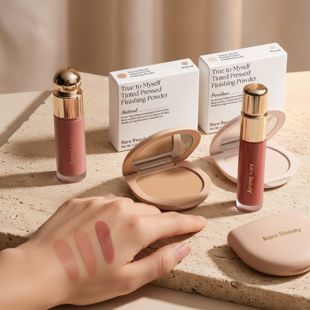 Rare Beauty Glow Vault trio with pressed powder, liquid blush, tinted lip oil, and three hand swatches